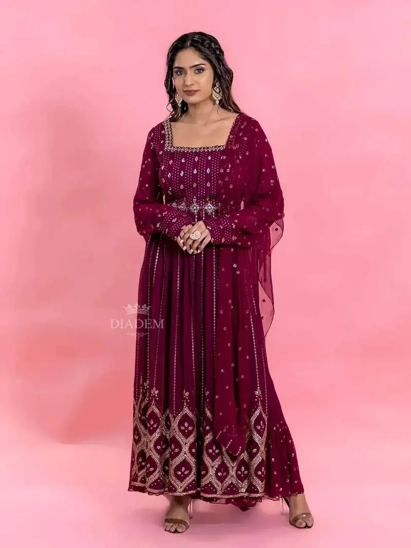 Wine Palazzo Salwar Suit For Women With Sequins Embellished Kurta Along With Dupatta 1