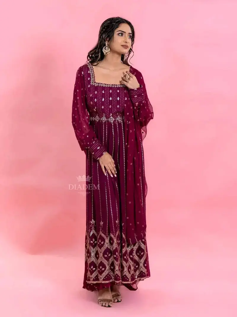 Wine Palazzo Salwar Suit For Women With Sequins Embellished Kurta Along With Dupatta 2