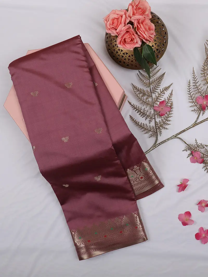 Wine Pink Butta Woven Design Soft Silk Saree With Silver Zari Floral Border 1