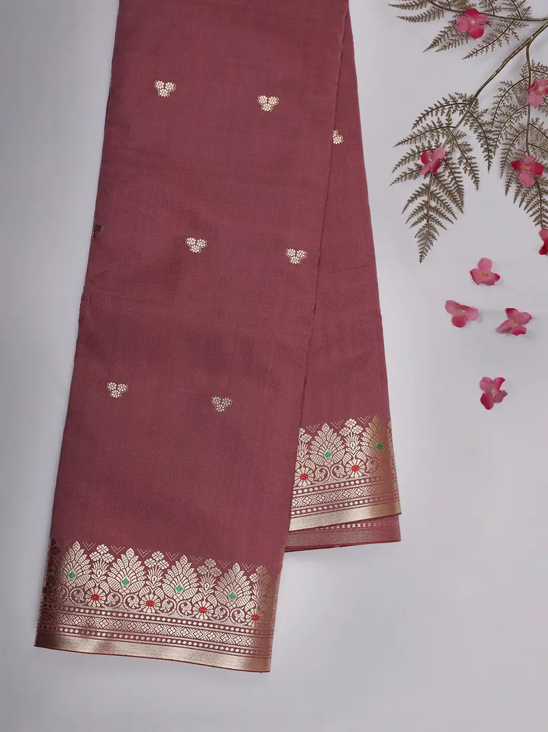 Wine Pink Butta Woven Design Soft Silk Saree With Silver Zari Floral Border 2