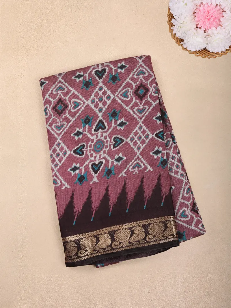 Wine Pink Ikat Printed Chanderi Cotton Saree With Black Zari Border 1