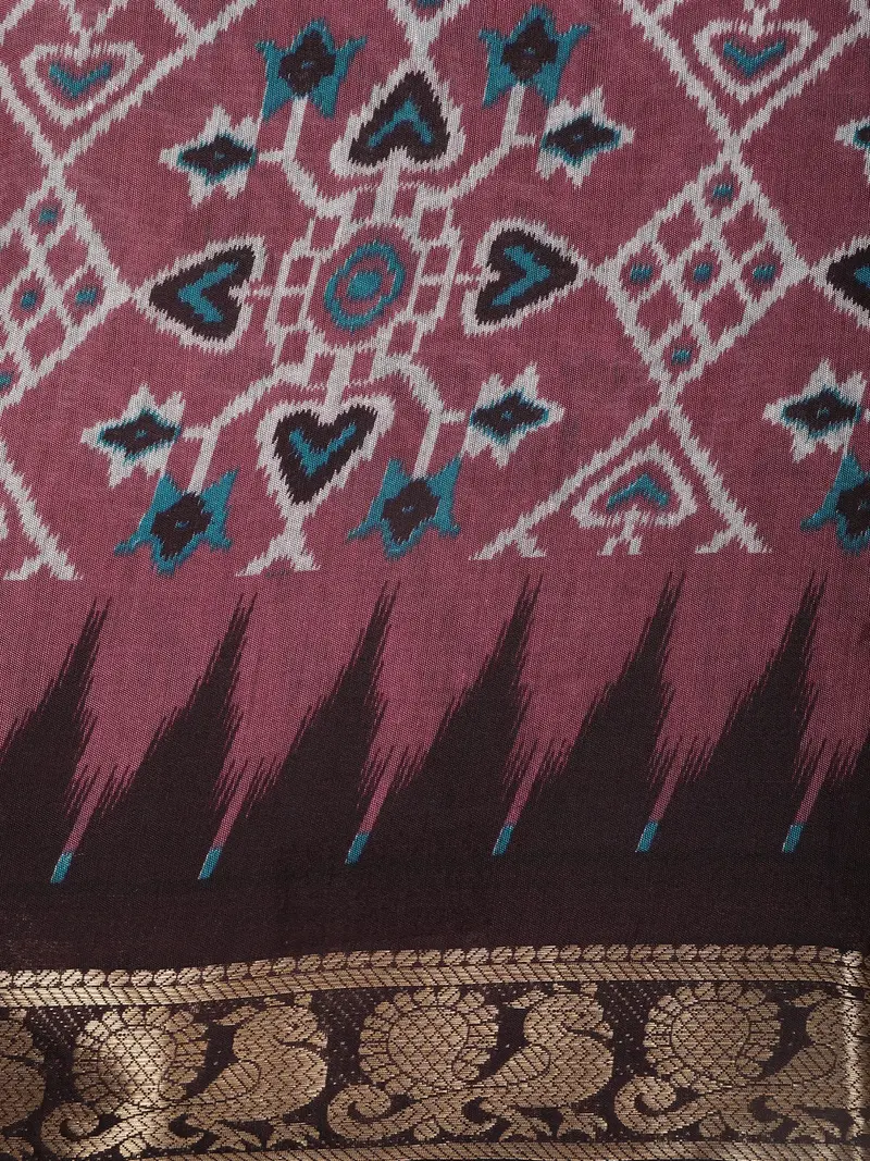 Wine Pink Ikat Printed Chanderi Cotton Saree With Black Zari Border 2