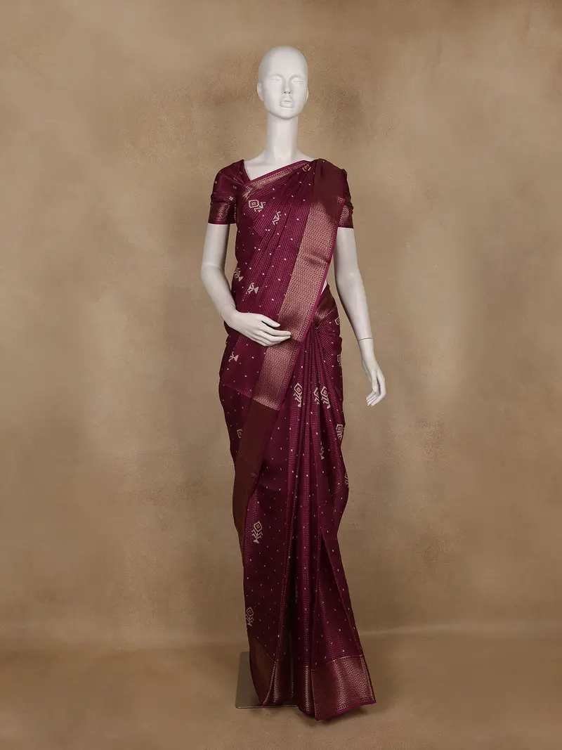 Wine Pochampally Ikat Design Cotton Saree With Zari Border 1