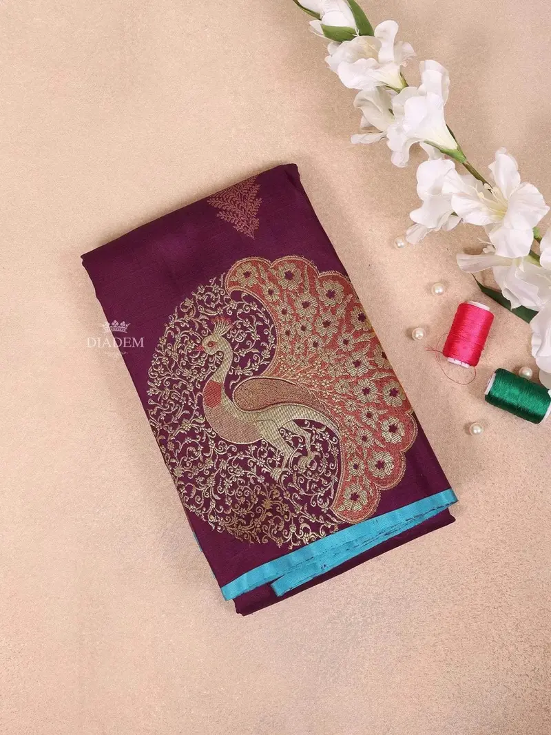 Wine Pure Kanchipuram Silk Saree With Peacock Design On The Body And Without Border 1