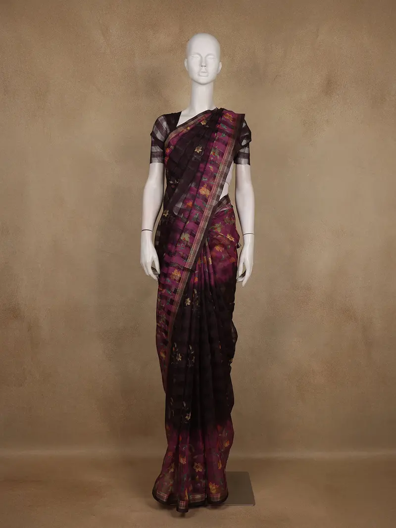 Wine Purple And Black Checked Floral Design Cotton Saree 1