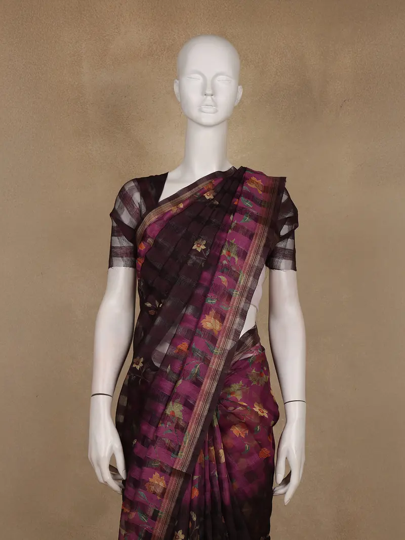 Wine Purple And Black Checked Floral Design Cotton Saree 2