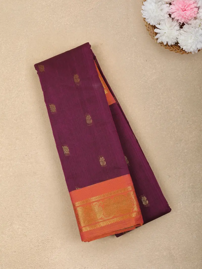 Wine Purple Butta Woven Design Cotton Saree With Contrast Border 1