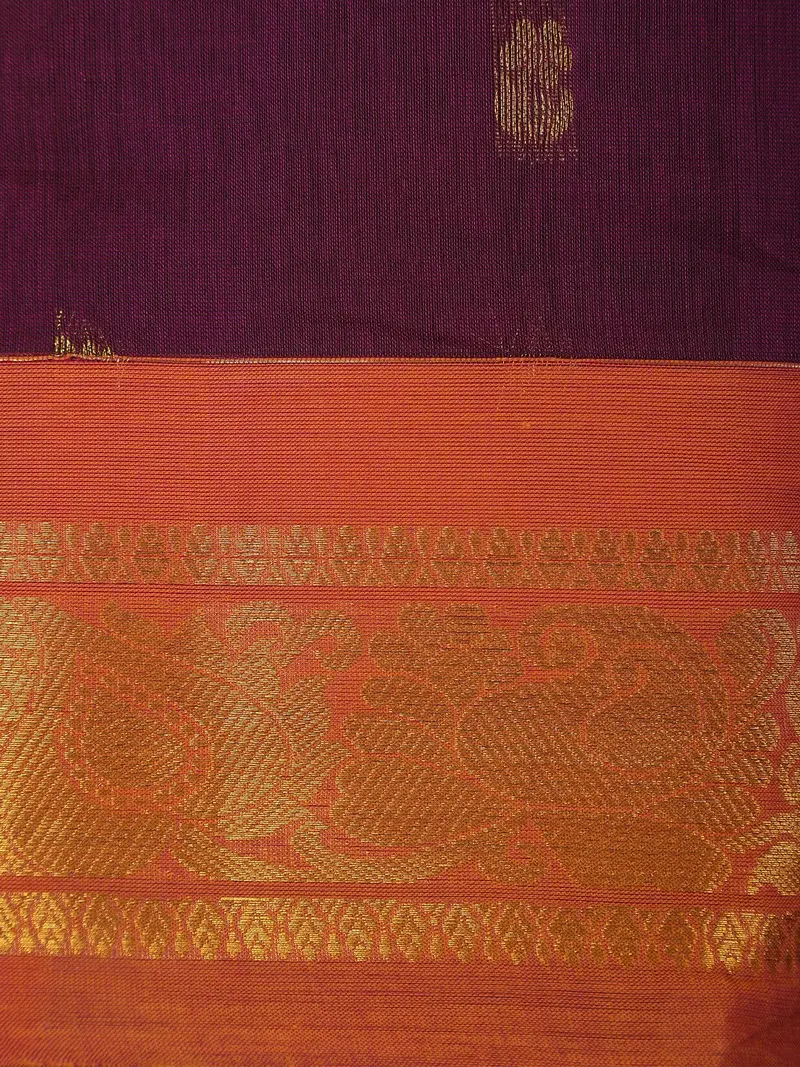 Wine Purple Butta Woven Design Cotton Saree With Contrast Border 2