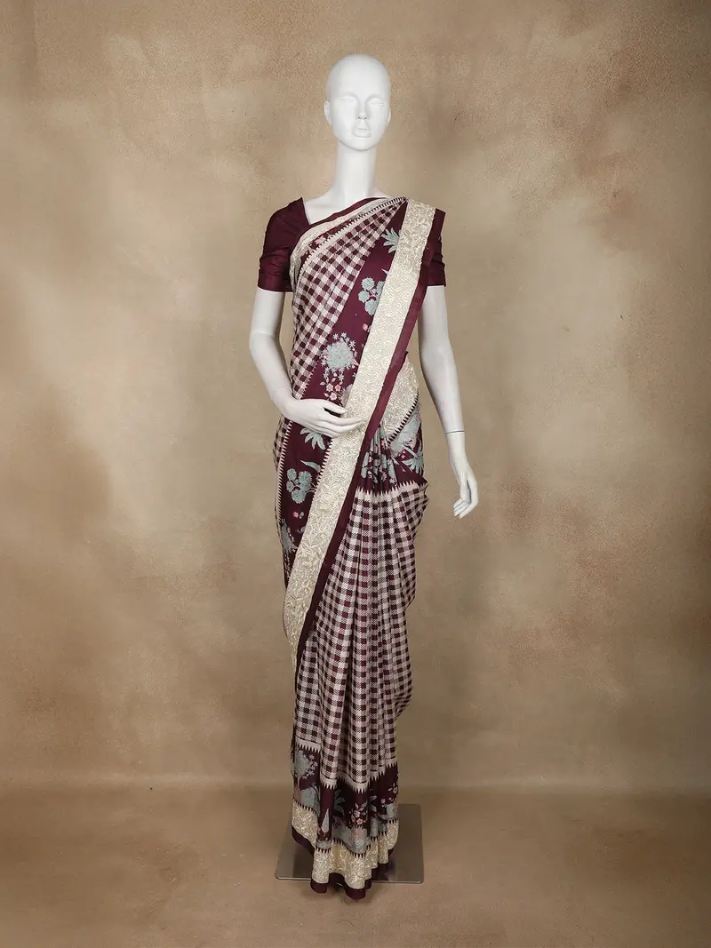 Wine Purple Checks Semi Tussar Saree With Designer Border 1