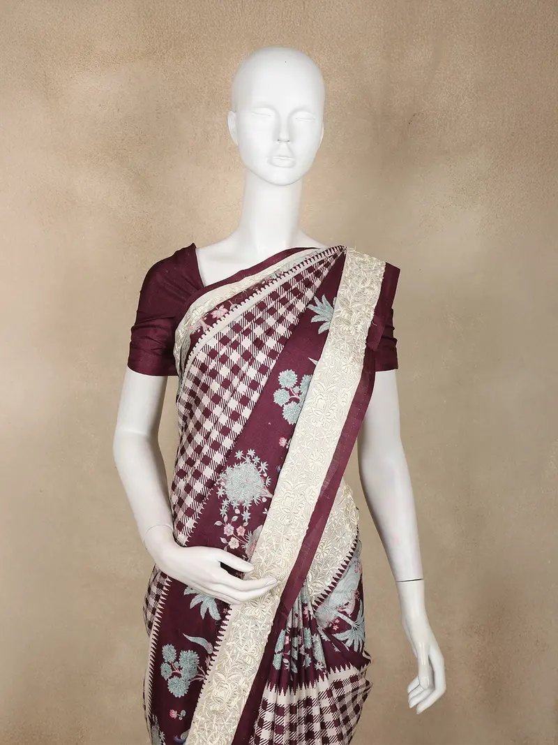 Wine Purple Checks Semi Tussar Saree With Designer Border 2