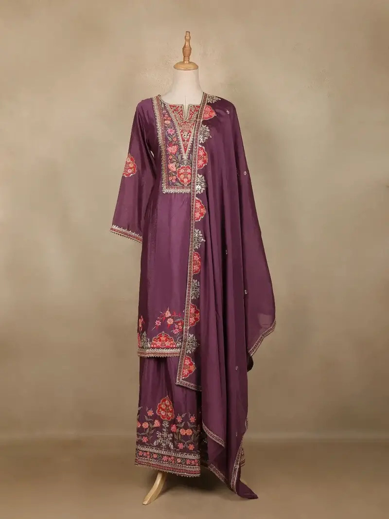 Wine Purple Floral Design Georgette Palazzo Salwar Suit 1