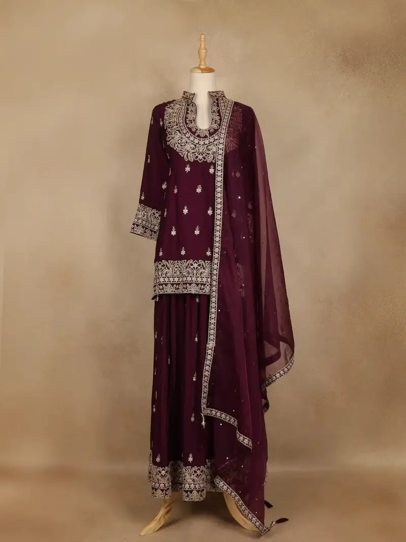 Wine Purple Floral Embroidered Georgette Palazzo Suit With Dupatta 1