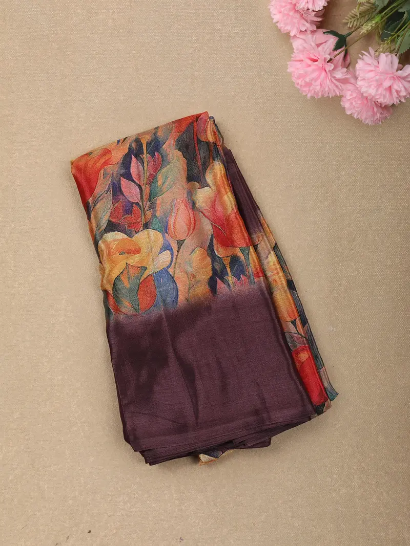 Wine Purple Floral Printed Design Crepe Silk Casual Wear Saree 1