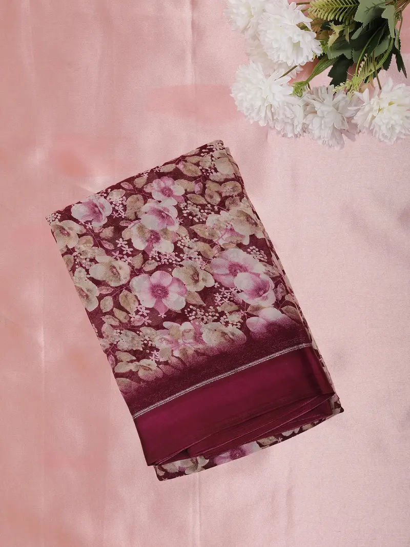 Wine Purple Floral Printed Design Mixed Cotton Saree 1