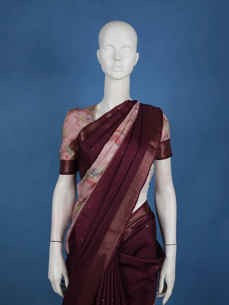 Wine Purple Floral Printed Design Semi Tussar Saree 2