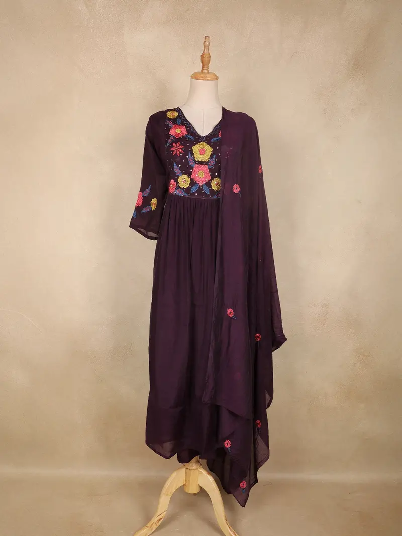 Wine Purple Floral Thread Embroidered Design Cotton Anarkali Salwar Suit With Dupatta 1