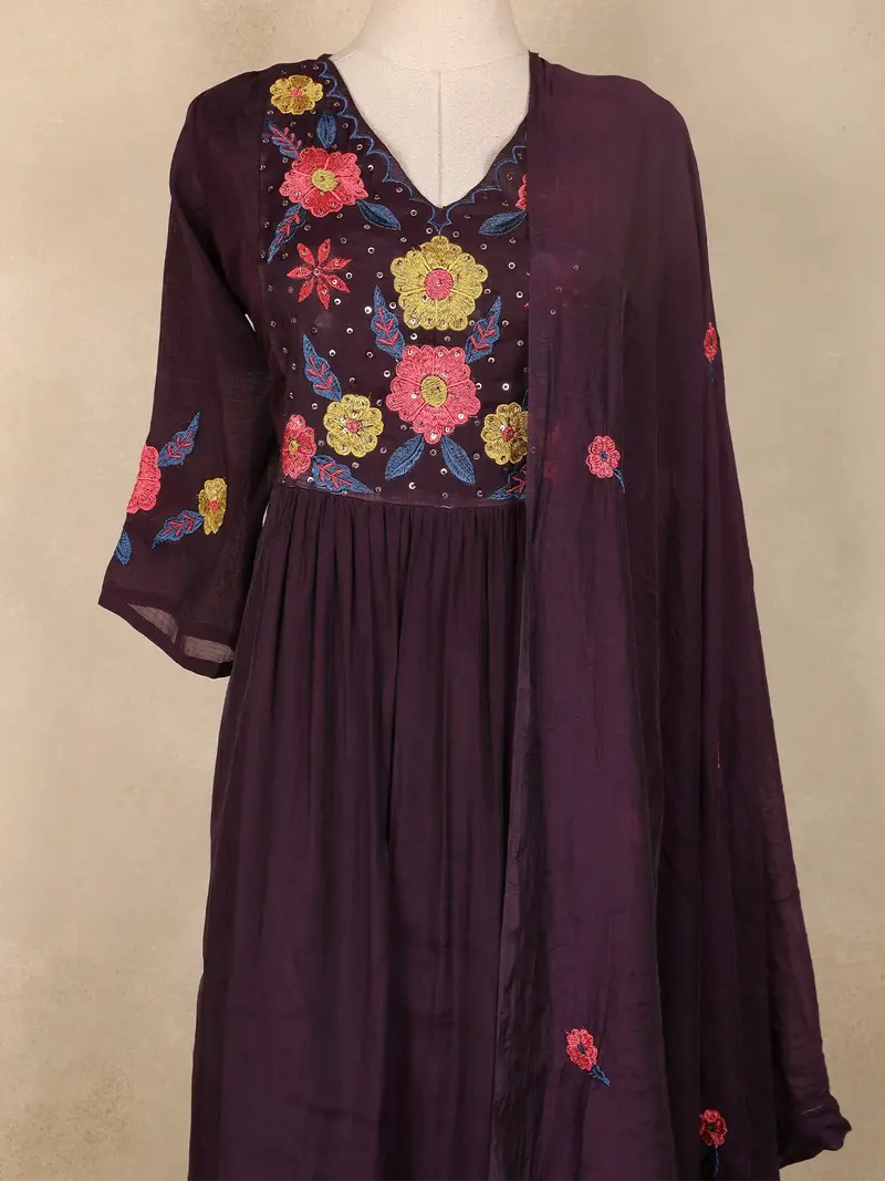 Wine Purple Floral Thread Embroidered Design Cotton Anarkali Salwar Suit With Dupatta 2
