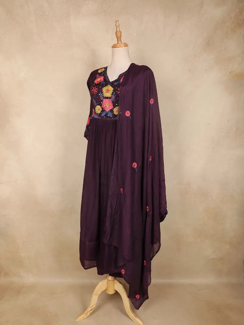 Wine Purple Floral Thread Embroidered Design Cotton Anarkali Salwar Suit With Dupatta 3