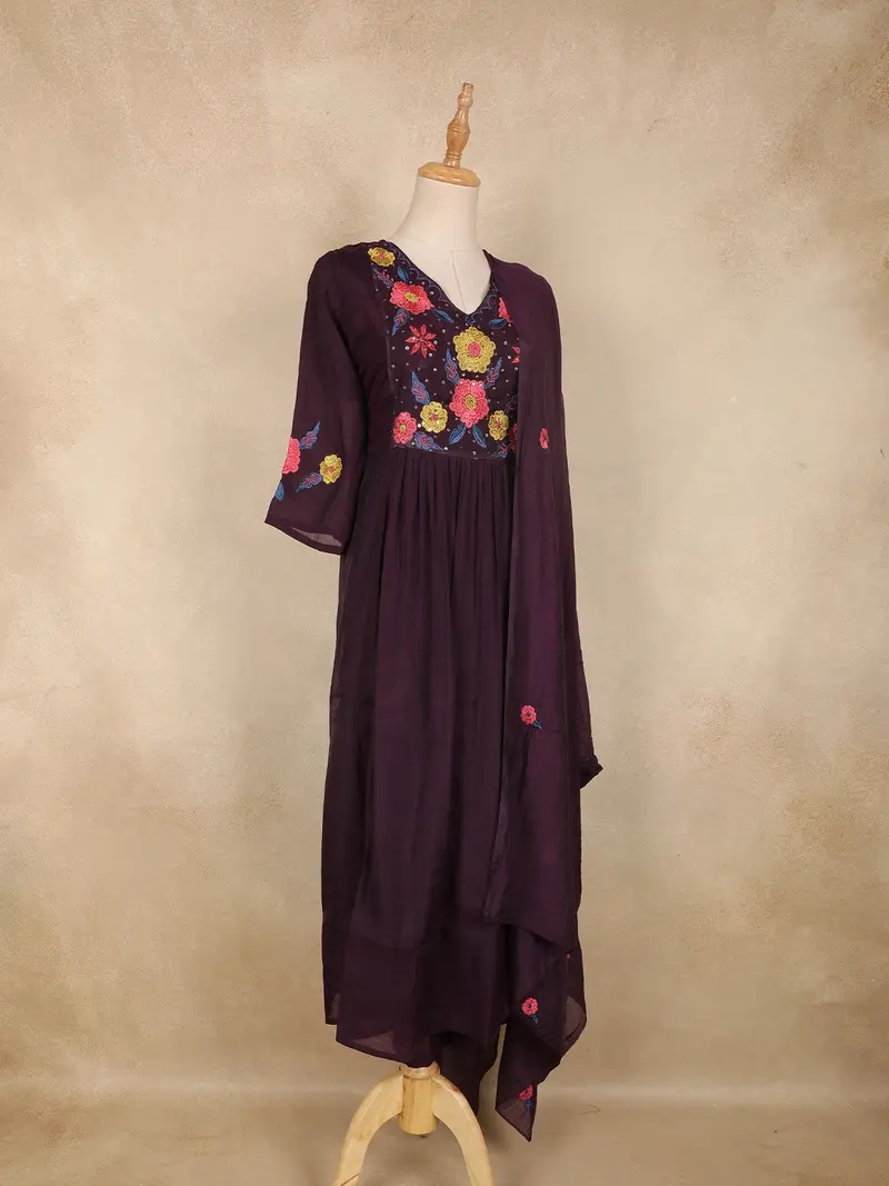 Wine Purple Floral Thread Embroidered Design Cotton Anarkali Salwar Suit With Dupatta 4