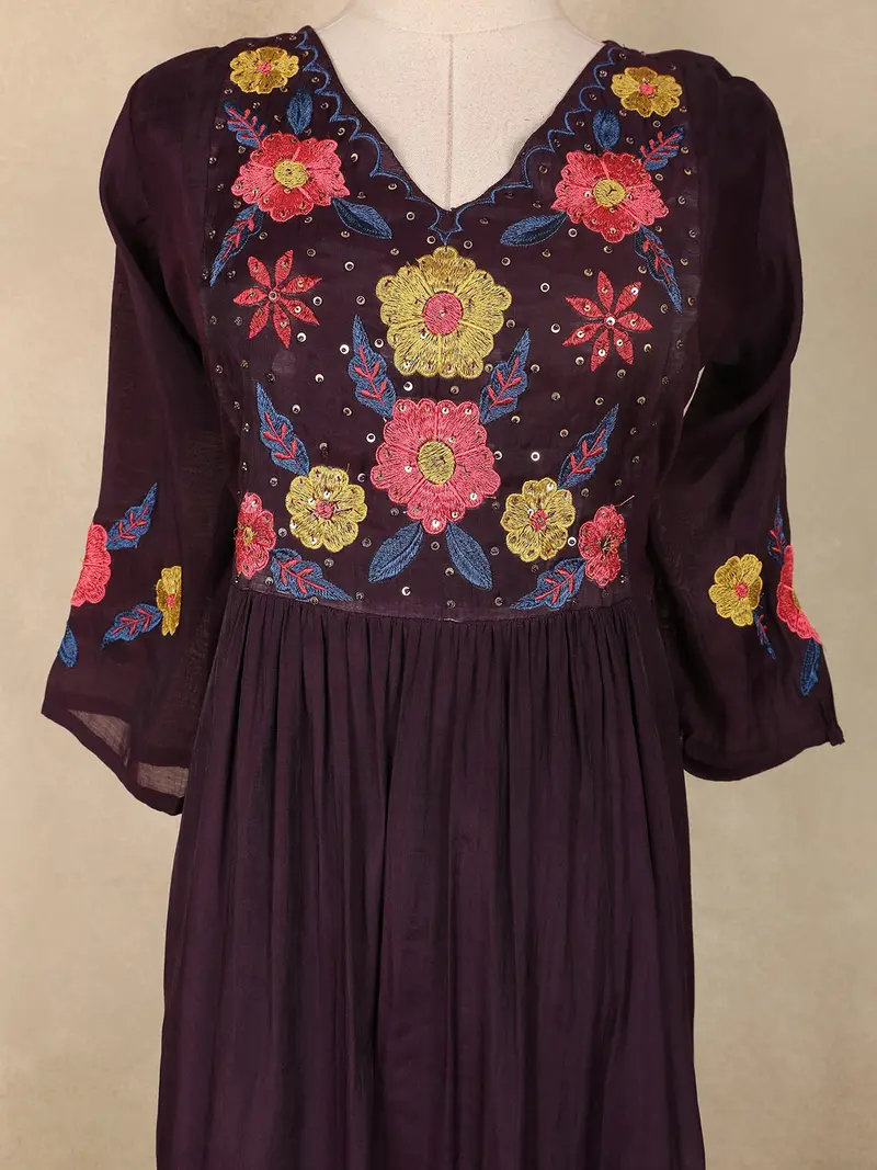 Wine Purple Floral Thread Embroidered Design Cotton Anarkali Salwar Suit With Dupatta 5