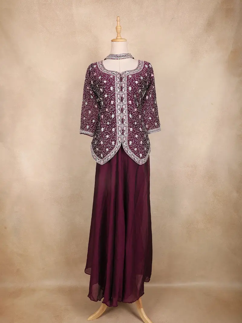 Wine Purple Floral Thread Embroidered Semi Silk Palazzo Suit With Dupatta 1