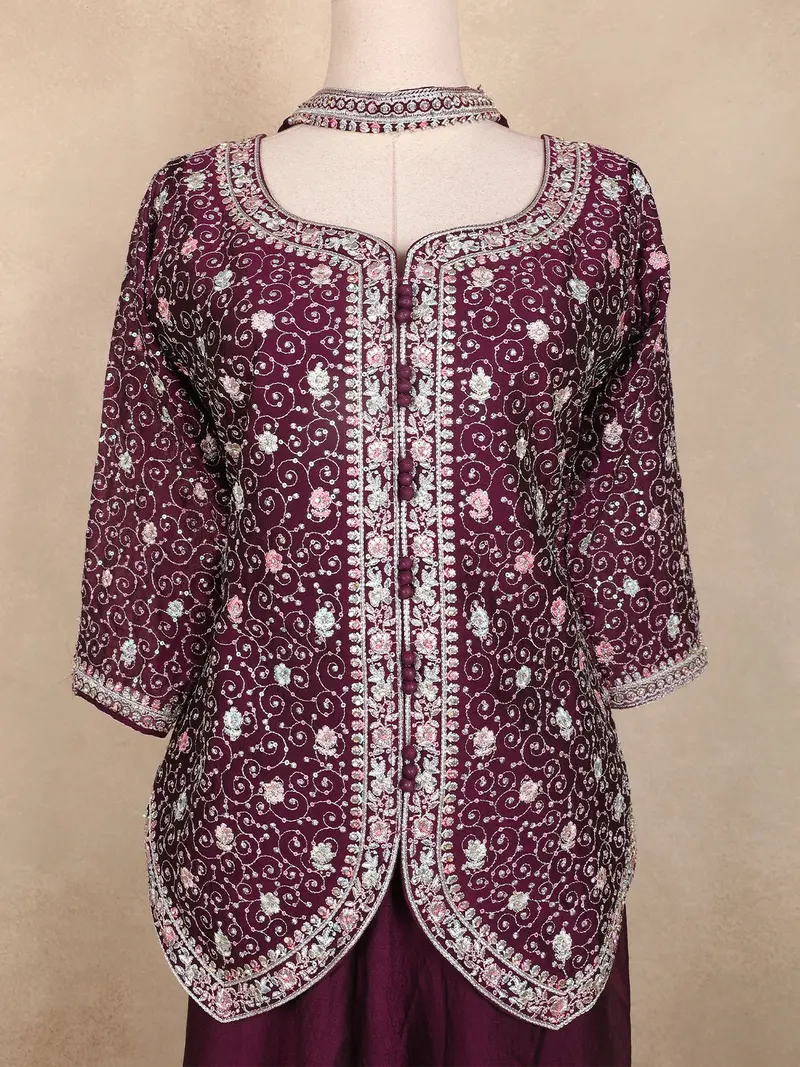 Wine Purple Floral Thread Embroidered Semi Silk Palazzo Suit With Dupatta 2