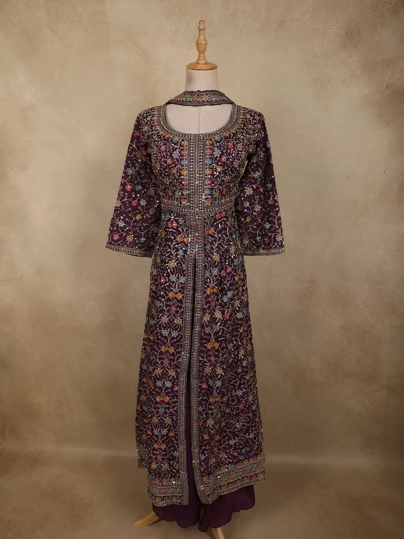 Wine Purple Floral Zari Embroidered Design Organza Mastani Palazzo Suit 1