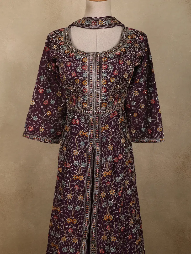 Wine Purple Floral Zari Embroidered Design Organza Mastani Palazzo Suit 2