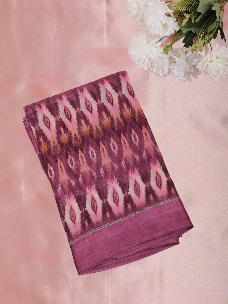 Wine Purple Ikat Printed Design Mixed Cotton Saree 1