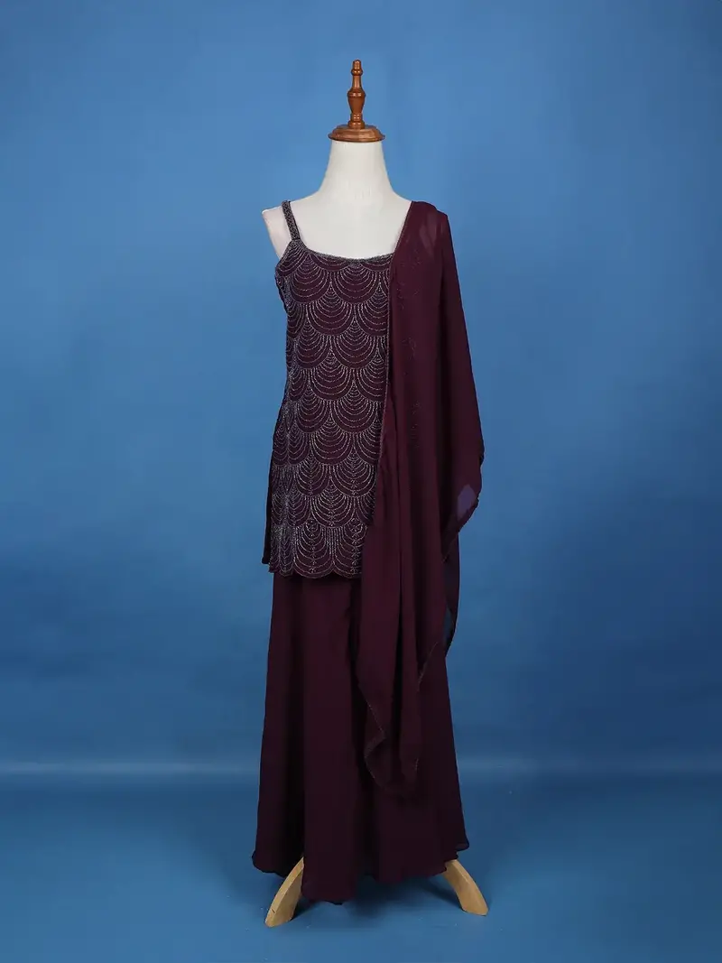 Wine Purple Scallop Beaded Embroidery Georgette Palazzo Suit 1
