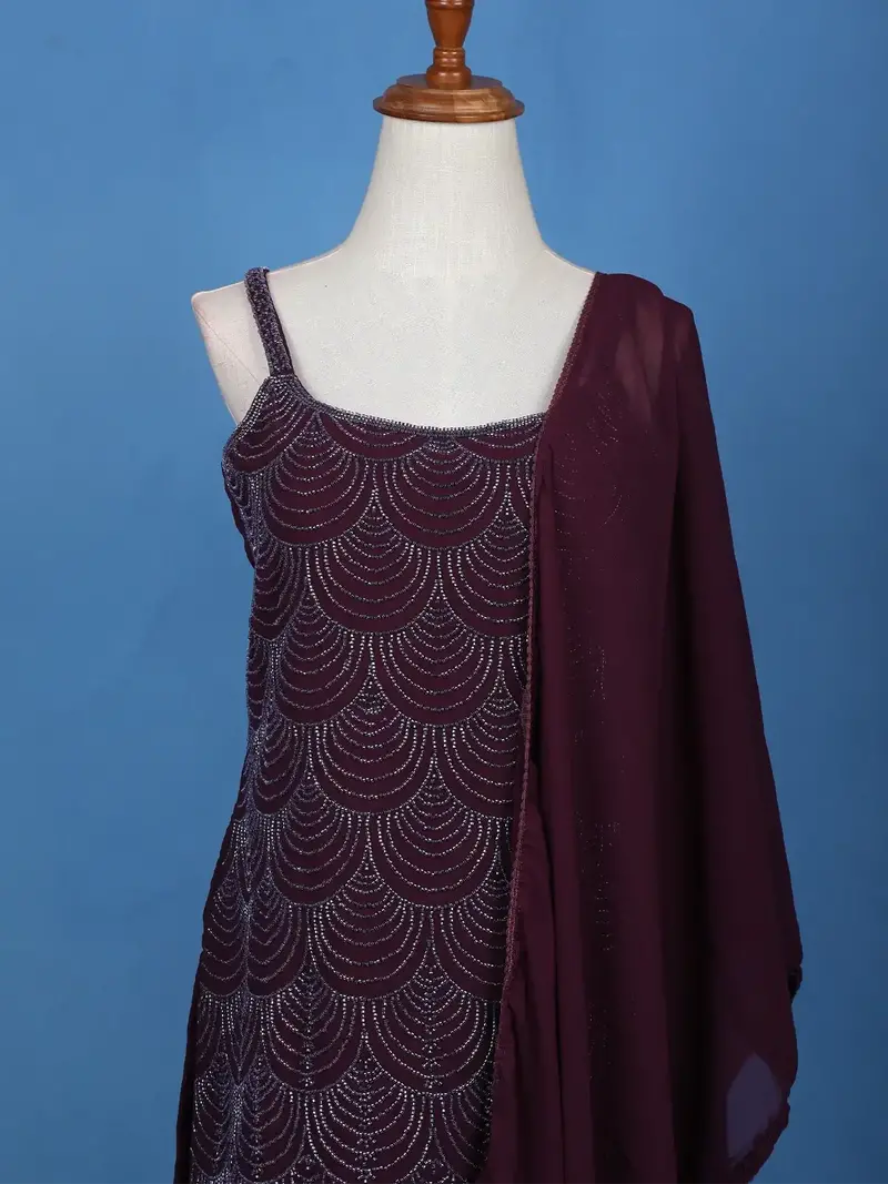 Wine Purple Scallop Beaded Embroidery Georgette Palazzo Suit 2