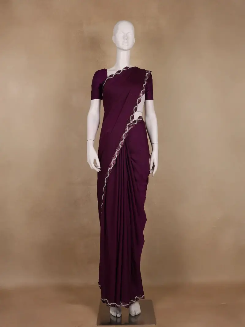 Wine Purple Solid With Sequin Embellishment Satin Saree 1