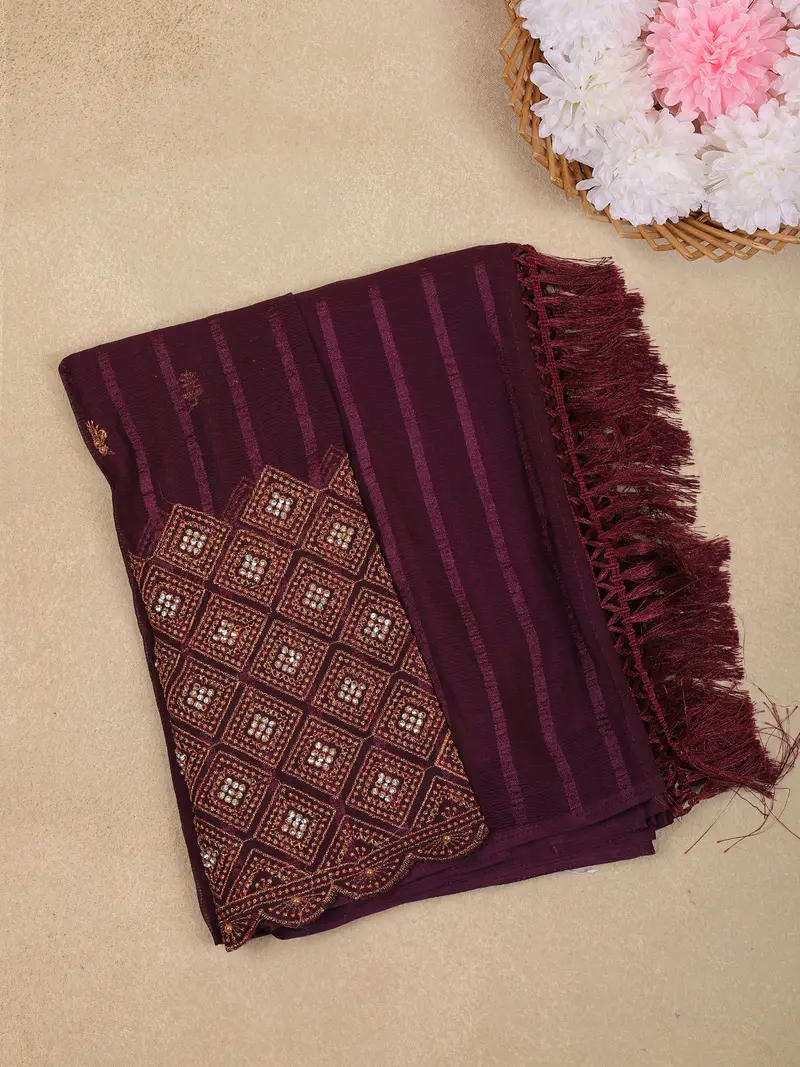 Wine Purple Striped Design Georgette Saree With Designer Blouse 1