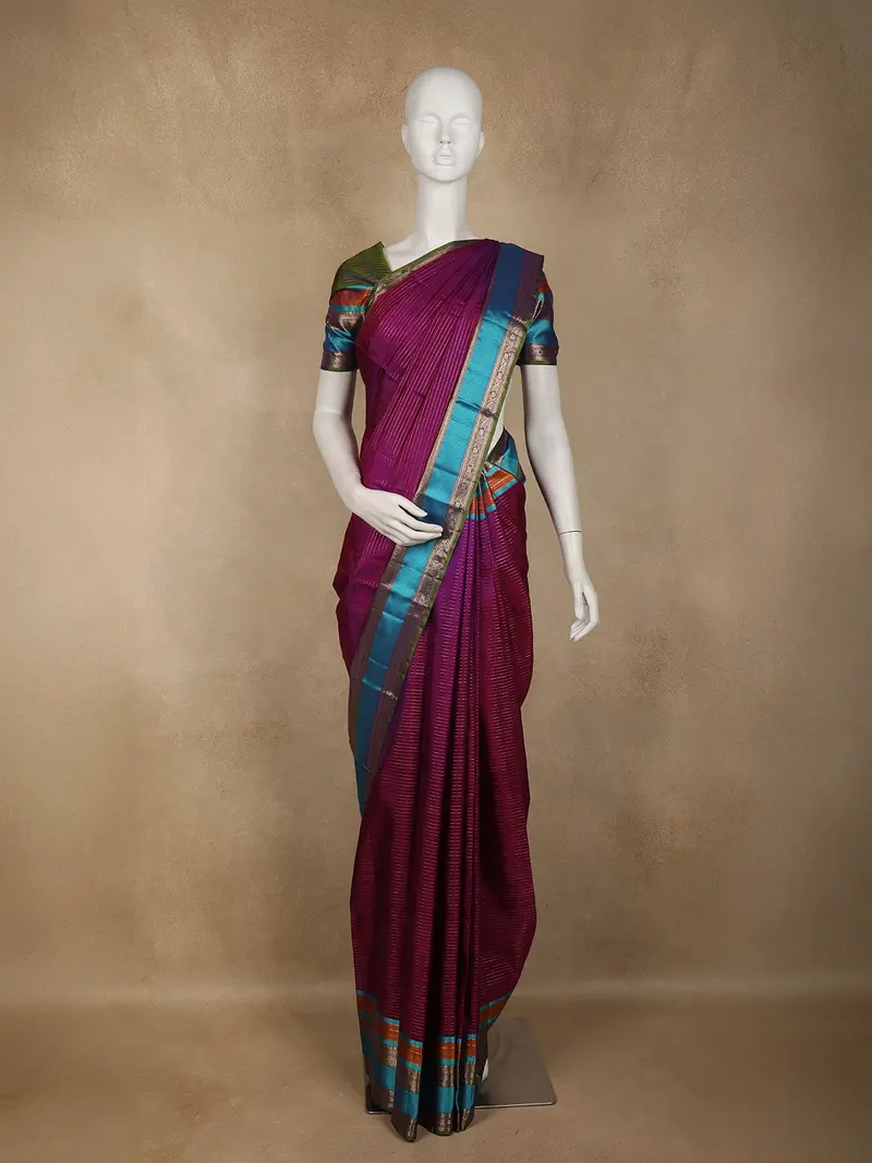 Wine Purple Striped Woven Kanchipuram Silk Saree With Contrast Peacock Blue Border 1