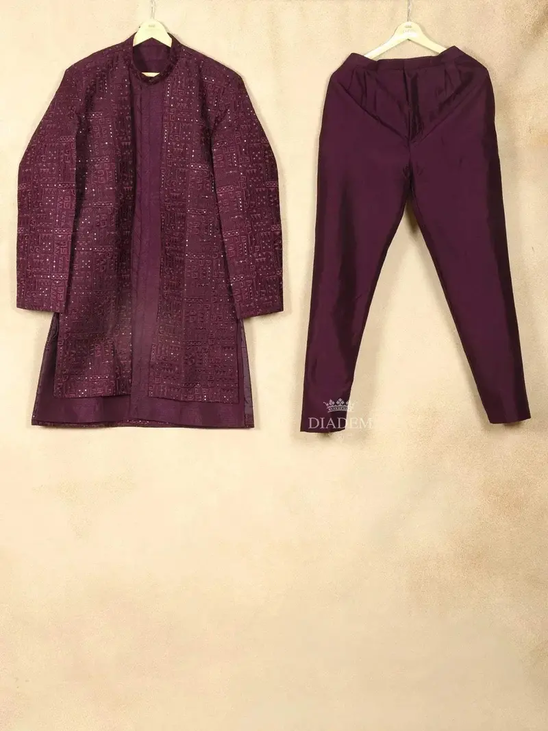 Wine Raw Silk Embroidered Indo-Western Sherwani Suit 1