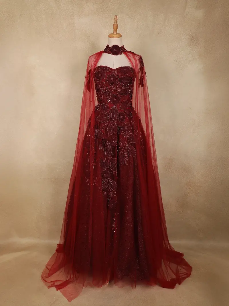 Wine Red Floral Appliqué Embellished Net Designer Gown 1