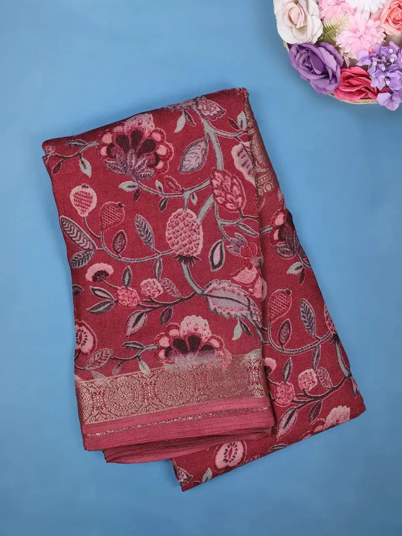 Wine Red Floral Design Printed Cotton Saree 1