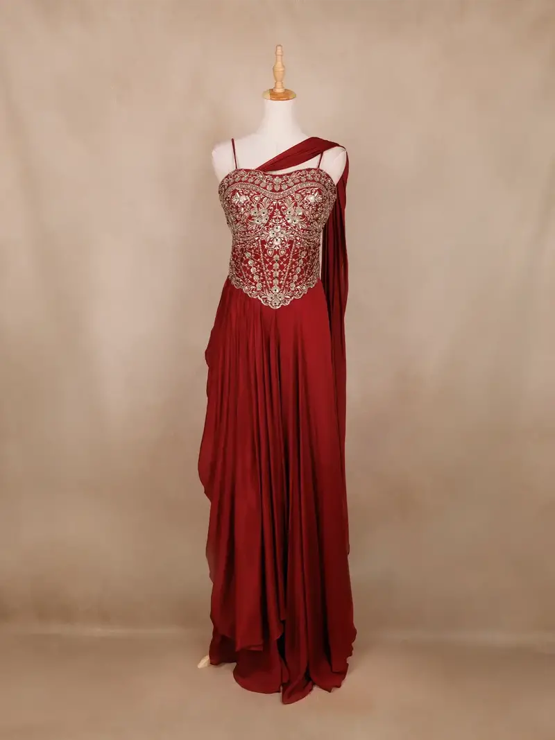 Wine Red Floral Georgette Gown – Elegant Party Wear For Women 1