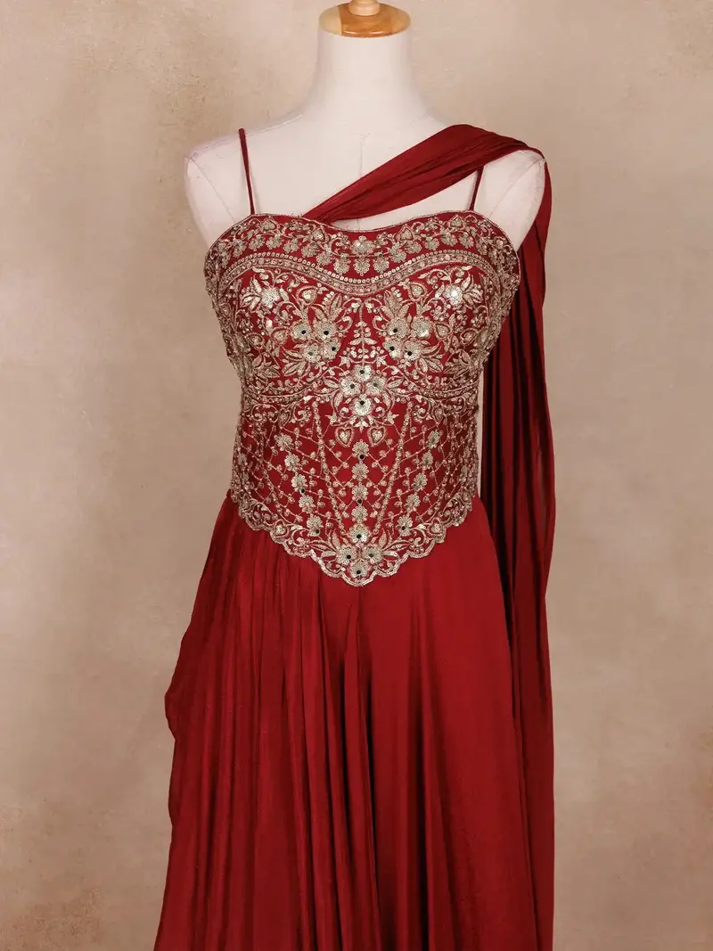 Wine Red Floral Georgette Gown – Elegant Party Wear For Women 2