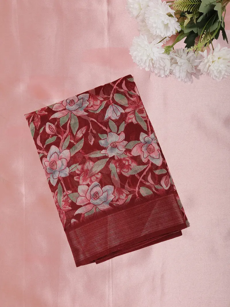 Wine Red Floral Printed Design Mixed Cotton Saree 1