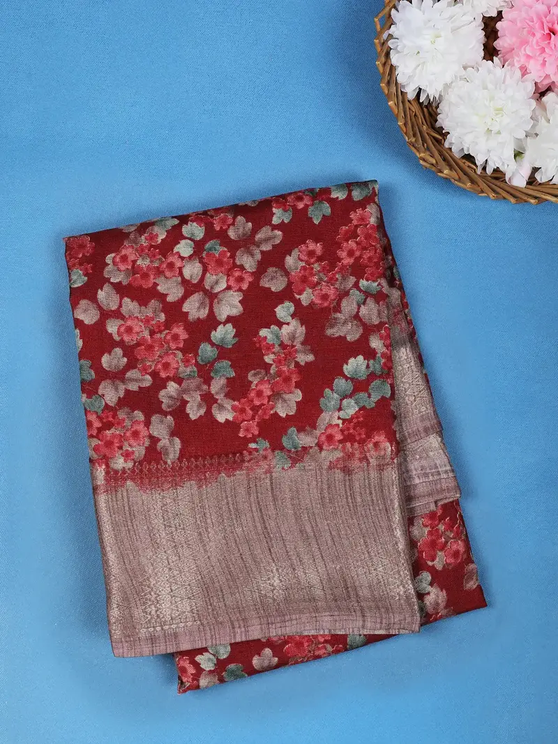 Wine Red Floral Printed Raw Silk Saree 1