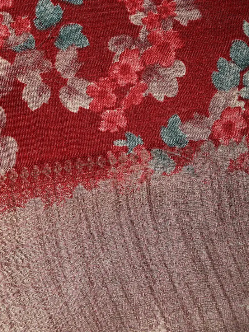 Wine Red Floral Printed Raw Silk Saree 2