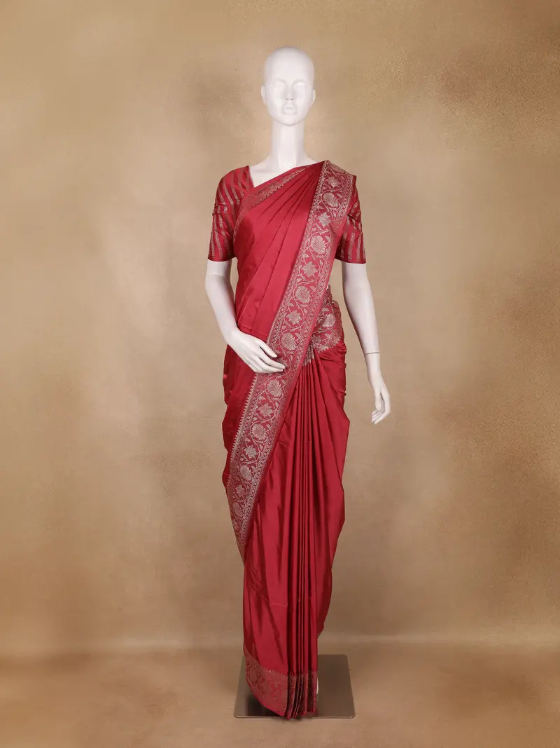Wine Red Solid Design Semi Banarasi Silk Saree 1