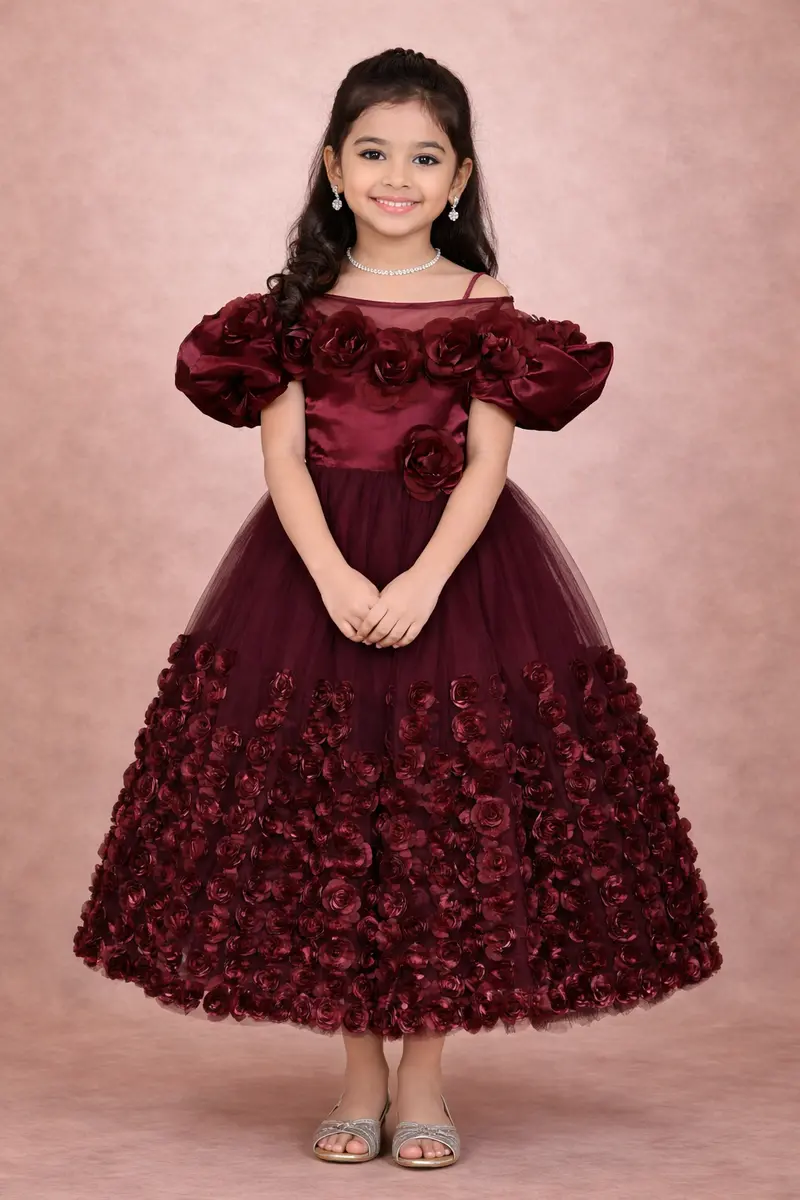 Wine Rose Embellished Puffy Sleeve Kids Net Gown 1