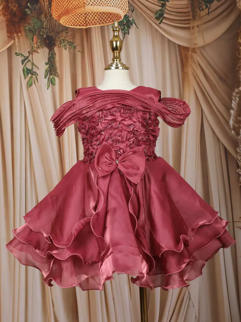 Wine Rose Layered Design Organza Party Frock With Bow Detailing 1