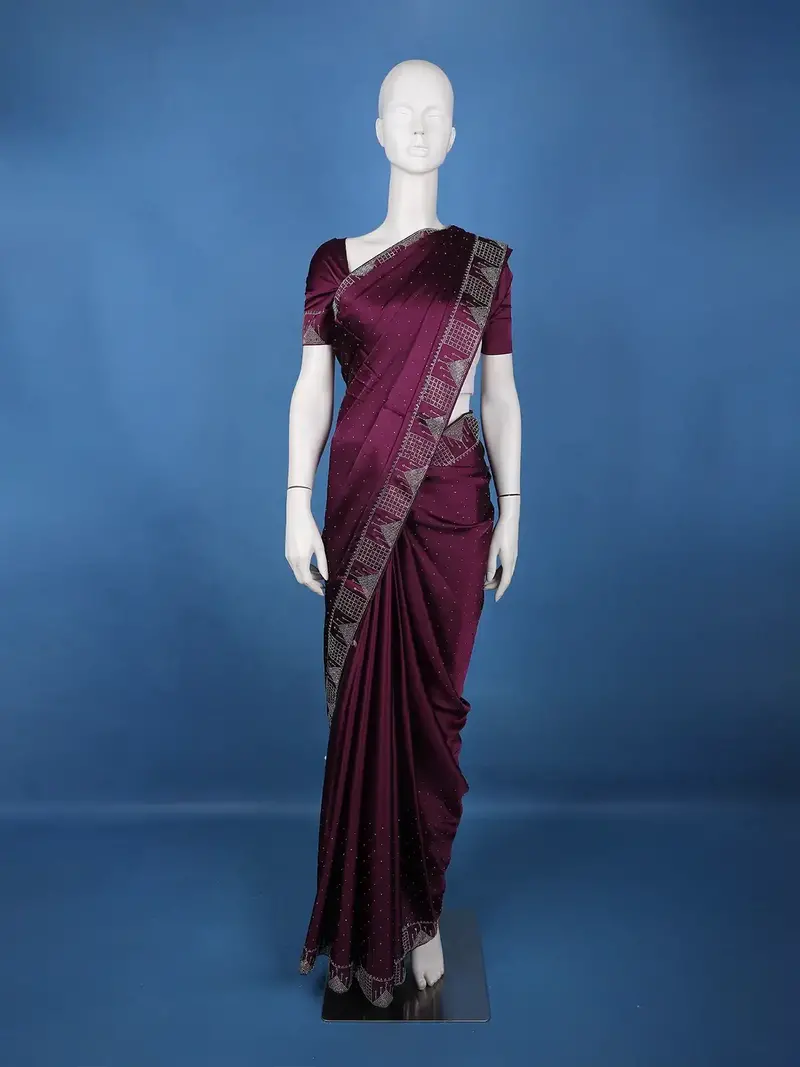 Wine Satin Silk Saree With All-Over Stone Work 1