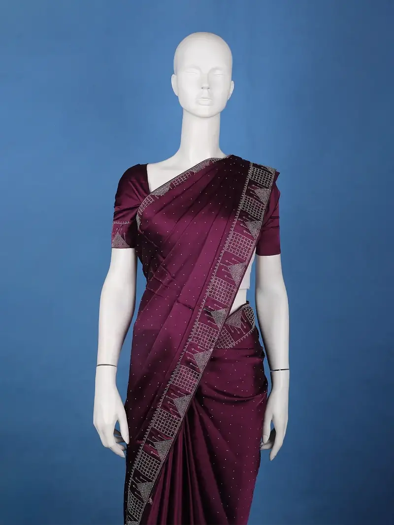 Wine Satin Silk Saree With All-Over Stone Work 2