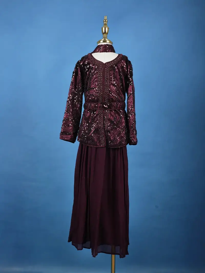 Wine Sequin And Bead Embroidered Kids Net Palazzo Suit 1