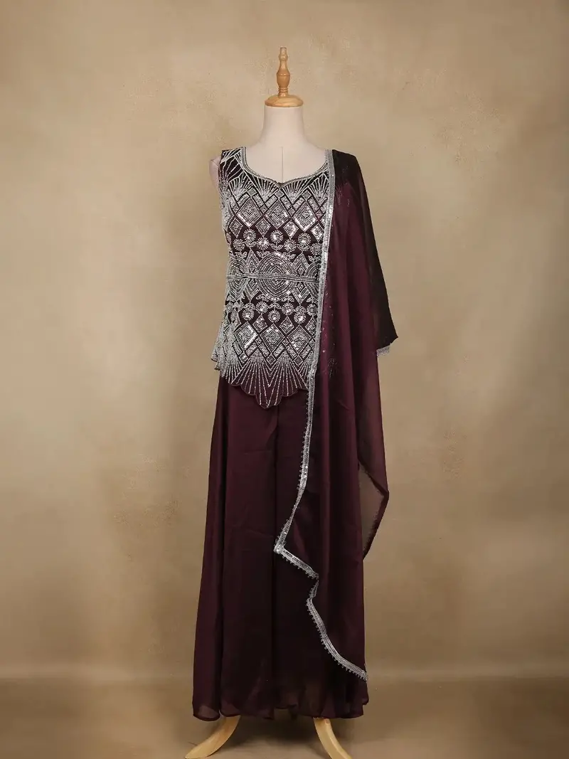 Wine Sequin Design Georgette Palazzo Suit 1