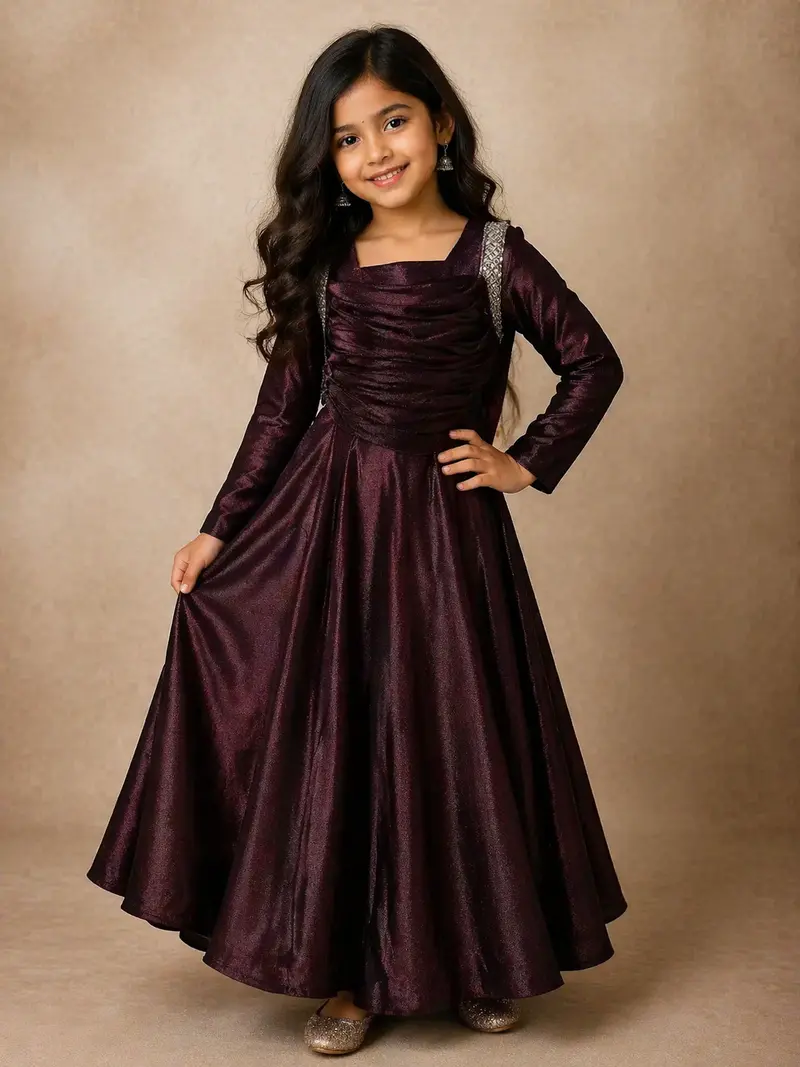 Wine Sequin Designed Satin Kids Gown 1